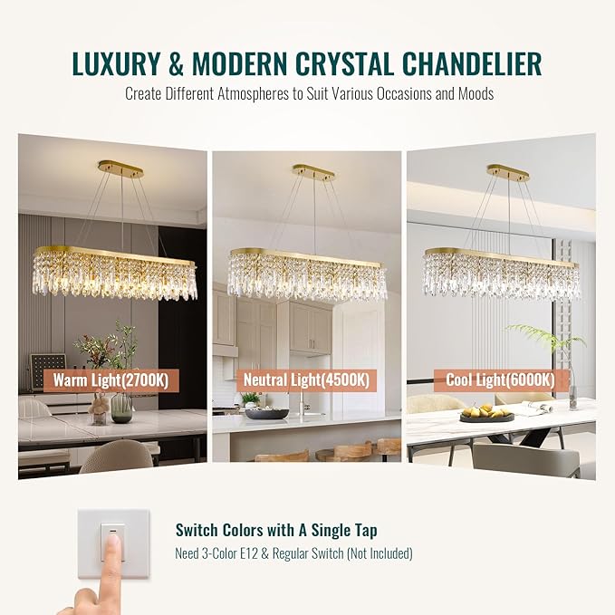 Siljoy Modern Crystal Chandelier for Dining Room, 12-Light Luxury Rectangle K9 Crystal Raindrop Chandelier, Dimmable Oval Crystal Pendant Ceiling Light for Living Room Kitchen Island L47 Inch