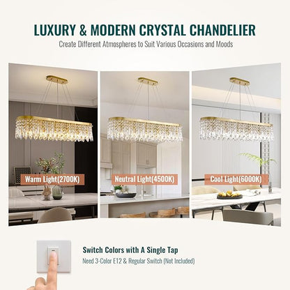 Siljoy Modern Crystal Chandelier for Dining Room, 12-Light Luxury Rectangle K9 Crystal Raindrop Chandelier, Dimmable Oval Crystal Pendant Ceiling Light for Living Room Kitchen Island L47 Inch
