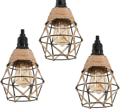 3 Light Hemp Rope Plug in Pendant Light Rattan Hanging Lights with Plug in Cord with Woven Lamp Shade, Hanging Lights with Plug in Cord Hemp Rope Hanging Lamp