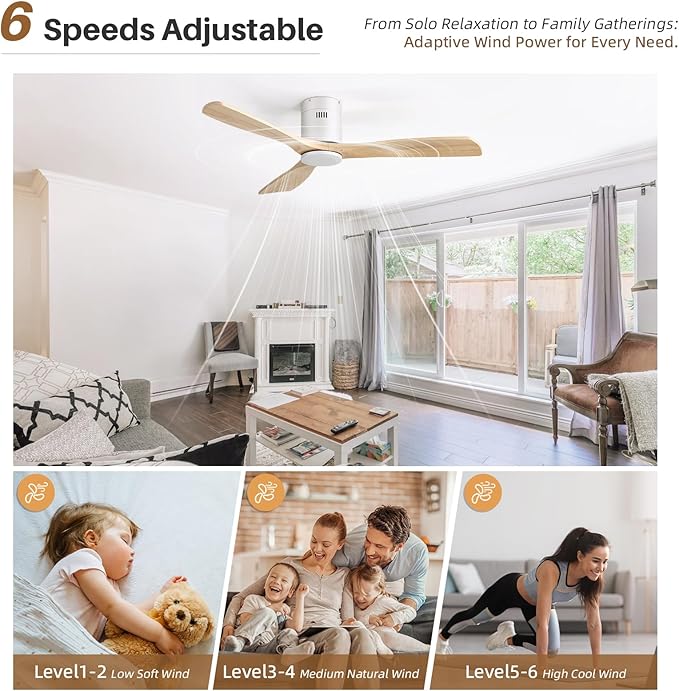CACI Mall 52 Inch Smart Ceiling Fan without Light, Flush Mount, 3 Blades Solid Wood, Low Profile, Modern, Outdoor/Indoor Ceiling Fans No Light for Bedroom/Farmhouse/Patio