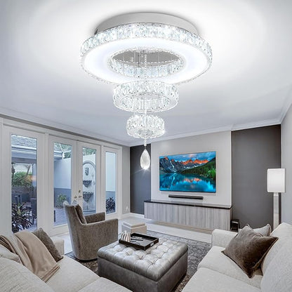 Flashing God Dia 24" Modern Chandelier for Living Room Silver Crystal Ceiling Chandelier Flush Mount Ceiling Light for Dining Room Bedroom Hallway LED Light Fixture Dimmable with Remote