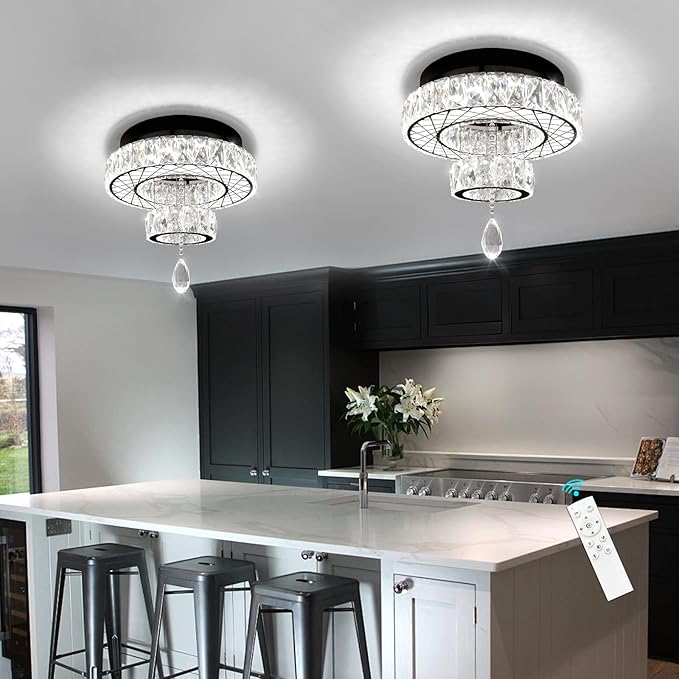 HAIXIANG Modern Flush Ceiling Chandelier Bedroom Light Fixtures Crystal Flat Sloping Ceiling Lights for Hallway Kitchen Dining Room Dimmable Light with Remote Black