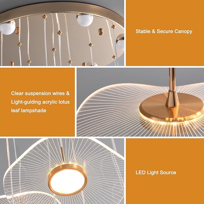 GEADI High Ceiling Chandelier,Petal Dimmable Modern LED Pendant Light with Remote Control,12-Light Height Adjustable Foyer Chandelier,Suitable for Staircase,Living Room,Entryway（Gold ）