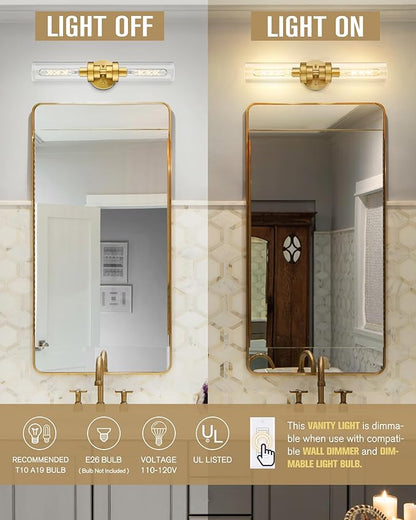 Emak 2-Light Bathroom Vanity Light Fixtures, Modern 22 Inch Brushed Gold Vanity Lights with Clear Glass Shade, Cylinder Wall Sconces for Bathroom, Bedroom, Hallway, VL085-BGD-2