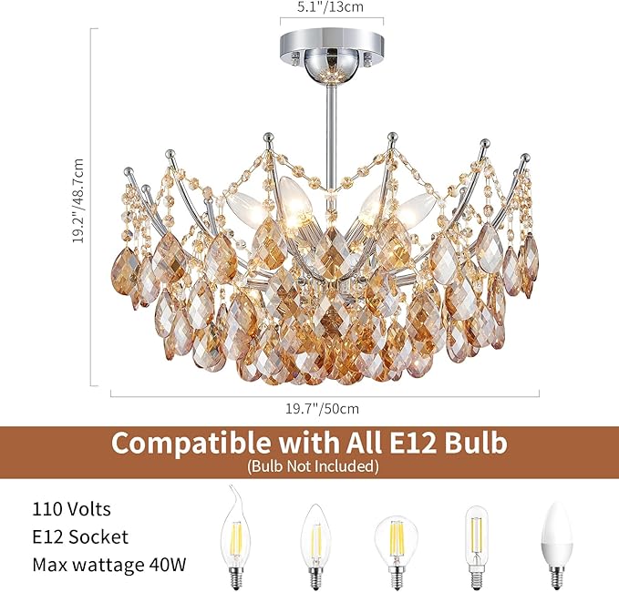 Crystal Ceiling Light Fixture, Modern Flush Mount Chandelier, 6-Lights Crystal Close to Ceiling Light, Chrome Hallway Light Fixtures for Bedroom Kitchen Entryway Bathroom Dining Room Living Room