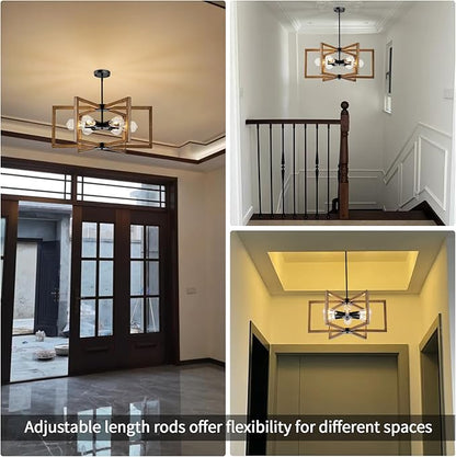 6 Light Farmhouse Chandelier, 23.62" Modern Chandelier for Entryway with Wooden Finish Industrial Rustic Hanging Pendant Light for Bedroom,Kitchen,Foyer,Living,Dining Room Lighting Fixtures