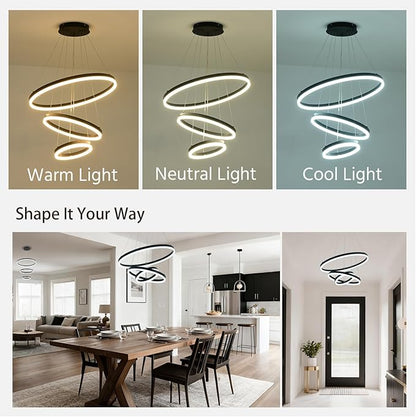 3 Rings Modern LED Chandelier Black High Ceiling Ring Chandeliers with Remote Control Circular Pendant Light Dimmable for Dining Room Living Room Bedroom Foyer Entryway 3000K-6500K