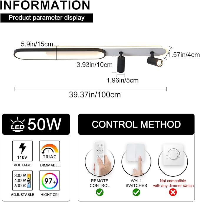 Modern LED Ceiling Light with 2 Spotlights 50W Black Linear Ceiling Light with Remote Control Dimmable (3000-6000k) 39.3Inch Room Ceiling Lamp for Living Room Bedroom Kitchen Laundry Hallway