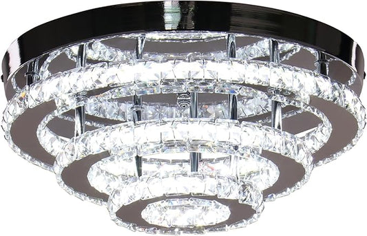 Modern Crystal Ceiling Light, 13.7" 3-Tier Round LED Flush Mount Chandelier, 42W Integrated LED, 6000K Cool White, Non-Dimmable Ceiling Lamp for Bedroom, Hallway, Entryway