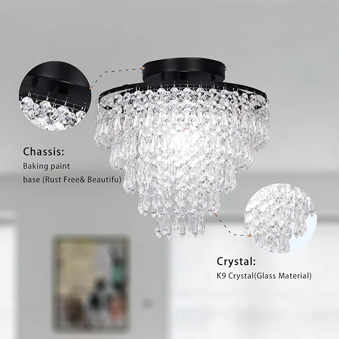 FRIXCHUR 11.8" Small Crystal Chandelier Light Fixture Mini Crystal Ceiling Light 5 Tiers Raindrops Black Chandeliers for Bedroom Hallway Closet, E26 Base