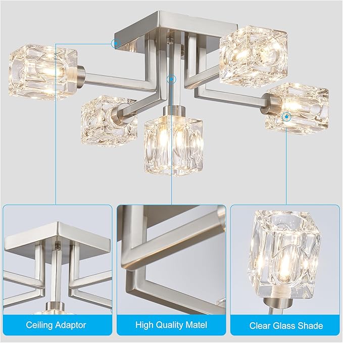 XINGQI Modern Sputnik Chandeliers Brushed Nickel Semi Flush Mount Ceiling Light Fixture 5-Light for Dining Room Living Room Kitchen Bedroom Entryway