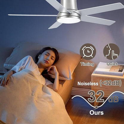 52 Inch Ceiling Fans with Lights and Remote, Flush Mount Nickel Ceiling Fan for Bedroom Living Room Indoor/Outdoor, Quiet 6 Speed Reversible DC Motor, 3CCT, Dual Color 5 Blades, ETL Listed