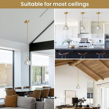 2 PCS of K9 Crystal Pendant Light with Brass Rod,7" Dimmable Contemporary Hemispher Light Above Dining Table,Modern Ceiling Hanging Lighting for Bedroom E12 Bulbs Included