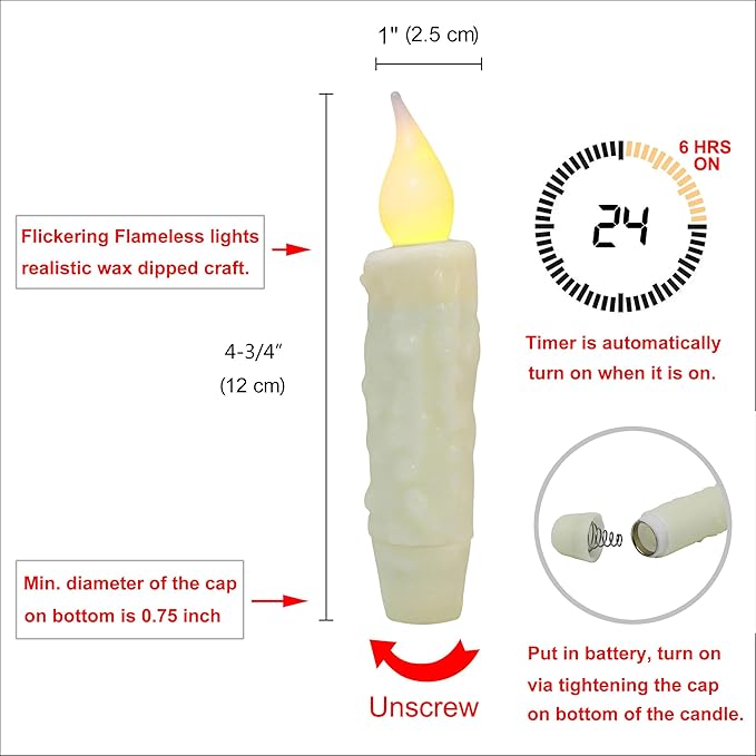 CVHOMEDECO. Real Wax Hand Dipped Battery Operated LED Timer Taper Candles Country Primitive Flameless Lights Décor, 4-3/4 Inch, Ivory, 2 PCS in a Package