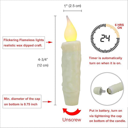CVHOMEDECO. Real Wax Hand Dipped Battery Operated LED Timer Taper Candles Country Primitive Flameless Lights Décor, 4-3/4 Inch, Ivory, 3 PCS in a Package