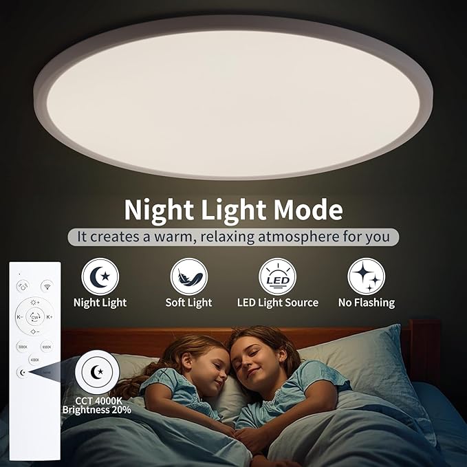 20 Inch Flush Mount Ceiling Light with Remote, 45W Dimmable LED Fixture 4500LM, 3000K-6500K Adjustable, Round Ceiling Lamp for Bedroom, Kitchen, Living Room, Dining Room, Bathroom, White