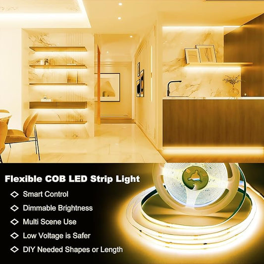 DAYBETTER COB LED Strip Light,LED Lights for Bedroom 16.4ft,Warm White 3000K Dotless LED Light Strip,1600 LEDs Super Bright Dimmable 24V Flexible Tape Lights with Remote,Kitchen,Cabinets Lighting