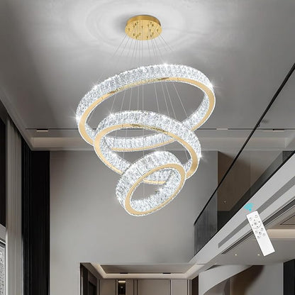 Modern Crystal Chandelier 55W Dimmable LED Chandeliers with Remote Luxury Height Adjustable Pendant Lighting for Living Room Dining Room Gold