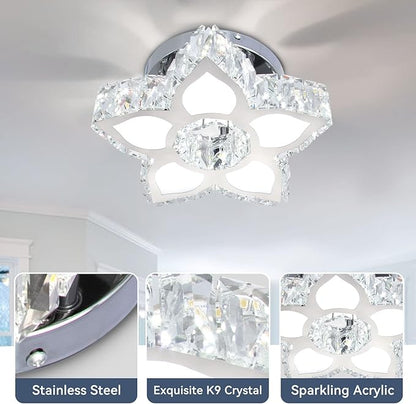 FRIXCHUR Crystal Ceiling Light Modern Mini Chandelier Flower LED Flush Mount Ceiling Light Fixture for Dining Room Bedroom Living Room Small Room (Cool White)