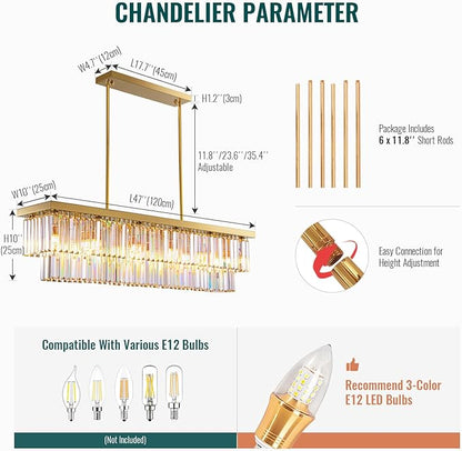 Siljoy Rectangular Gold Crystal Chandelier for Dining Room, 12-Light Modern Rectangle K9 Crystal Raindrop Chandelier Dimmable Ceiling Light for Living Room Kitchen Island, L47'' x W10'' x H10''