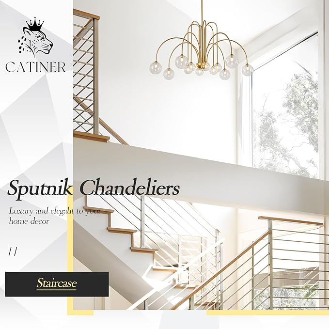 CATINER Gold Sputnik Chandeliers 12 Lights Modern Chandelier Large L52”Mid Century Ceiling Pendant Light Fixtures with Clear Glass Globe Shades for High Ceiling Living Dining Room Foyer Staircase
