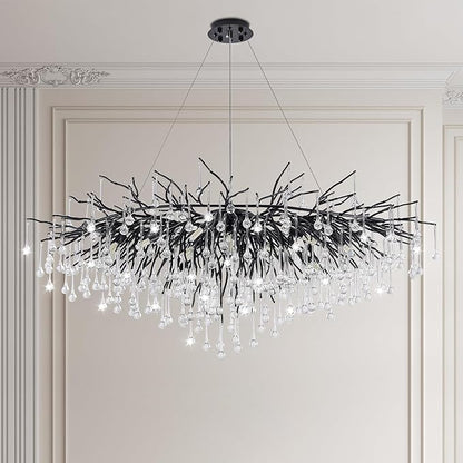 Chandeliers for Dining Room - 47.5" Modern Black Crystal Chandelier, Round Tree Branch Raindrop Chandelier, Foyer Chandeliers for Entryway, Living Room,Bedrooms,Bathroom(Bulb not Included)