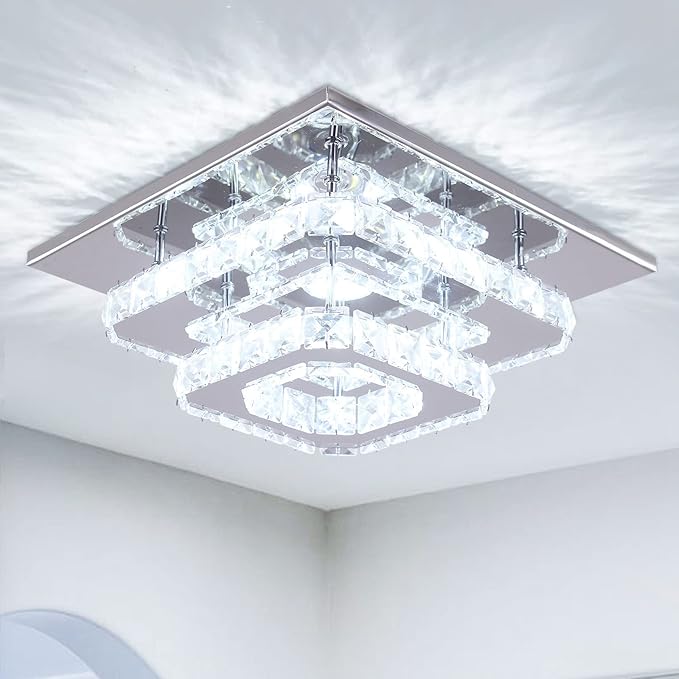Mini Chandelier LED Crystal Ceiling Light 2 Layers Flush Mount Ceiling Light Modern Chandelier Lighting for Hallway Staircase Kitchen Bathroom (Cool White)