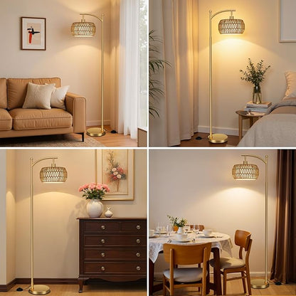 Ambimall Arc Floor Lamp for Living Room with Remote, Color Temperature & Brightness Adjustable, Bohemia Standing Lamp with Rattan & Fabric Double Drum Shades, Bulb Included(Gold)