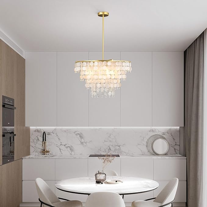 Natural Capiz Shell Chandelier, Coastal Modern Chandelier, Hanging Round Layered Pendant Lighting(4 Light, Gold)
