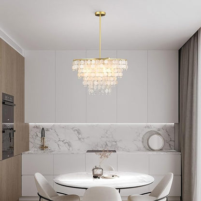 Natural Capiz Shell Chandelier, Coastal Modern Chandelier, Hanging Round Layered Pendant Lighting(4 Light, Gold)