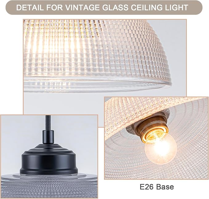 EDSILIVE Vintage Glid Glass Pendant Lights Kitchen Island 9.84" Barn Dome Clear Glass Hanging Ceiling Light Fixture with Black Finish for Dining Room Kitchen Table
