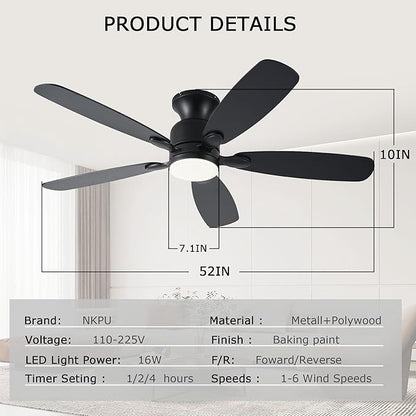 NKPU 52inch Black Ceiling Fans with Lights, Low Profile Ceiling Fan with Light and Remote/APP Control, Reversible DC Motor, Noiseless, Dimmable, Flush Mount Ceiling Fan for Bedroom Living Room Patios