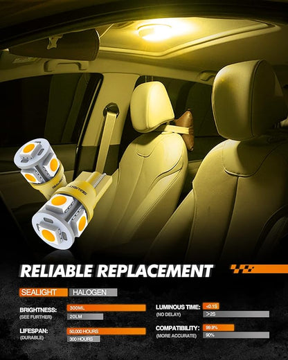 SEALIGHT 194 LED Bulbs, 168 T10 LED Bulb Amber 2700k Yellow 2825 for Turn Signal Side Marker Dome Lights, 12V Cab Running Parking Tail Lights, (Pack of 10)
