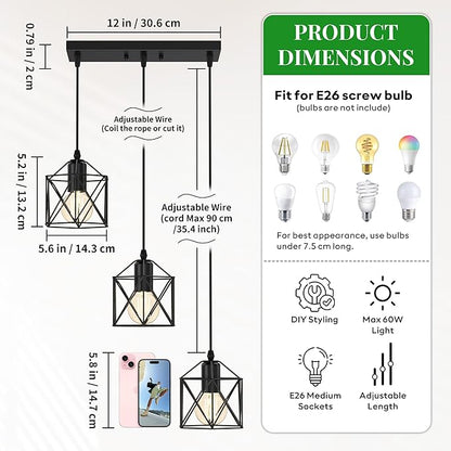 3 Light Pendant Lighting, Farmhouse Hanging Light Fixture for Kitchen Island & Dining Room, Industrial Vintage Ceiling Lamp with E26 Base, Adjustable Height, Matte Black
