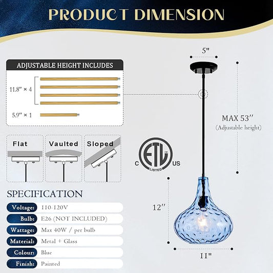 11" Hand-Blown Blue Glass Pendant Light, Hammered Glass Shade with Black Finish, Adjustable Modern Hanging Light Fixture for Kitchen Island, Dining Room, Hallway, Living Room