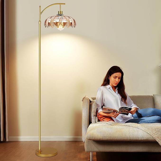 AHDWDW Gold Arc Floor Lamp for Living Room with Remote,Dimmable Modern Floor Lamps with Amber Glass Shade,Unique Vintage Flower Standing Tall Lamp,Mid Century Floor Lamps for Bedroom Office Corner