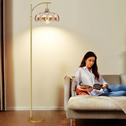 AHDWDW Gold Arc Floor Lamp for Living Room with Remote,Dimmable Modern Floor Lamps with Amber Glass Shade,Unique Vintage Flower Standing Tall Lamp,Mid Century Floor Lamps for Bedroom Office Corner