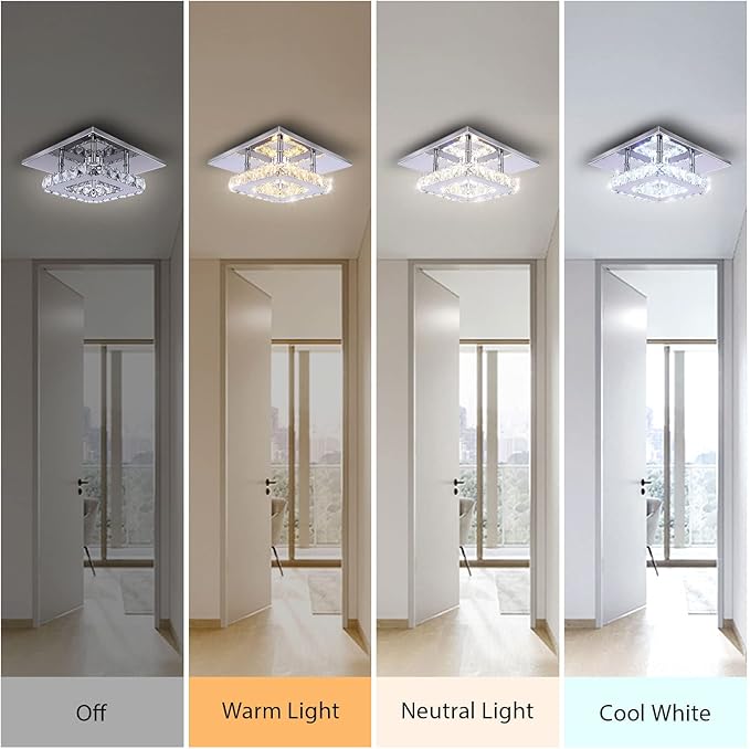Modern Crystal Chandelier 7.9 Inches Led Ceiling Light Mini Square Flush Mount Ceiling Light for Bedrooms Dinning Rooms Hallway(Changeable Color,15W)