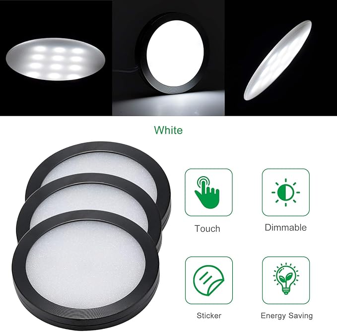 AIBOO Under Cabinet LED Black Cover Puck Lighting Kit with Touch Dimmer Switch for Kitchen Cupboard Closet Lighting (6 Lights,Daylight White)