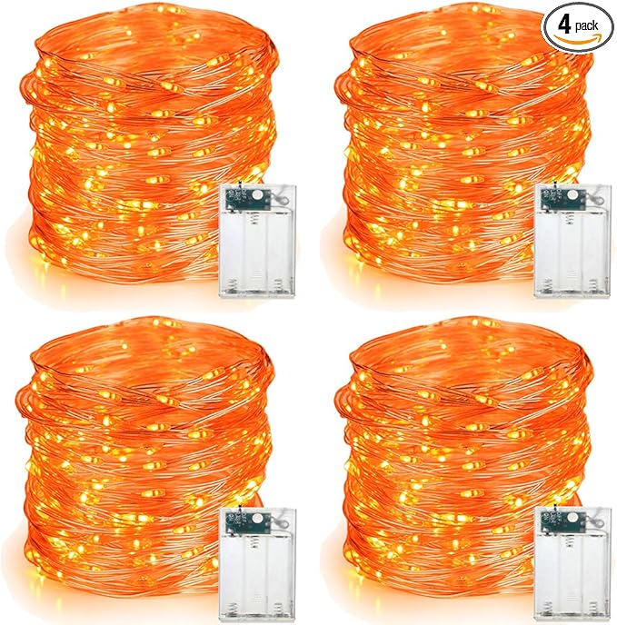 BrizLabs Orange Halloween Lights, 4 Pack 19.47ft 60 LED Orange Fairy Lights String, 2 Modes Battery Halloween String Light, Indoor Silver Wire Twinkle Light for Christmas Thanksgiving Party Carnival