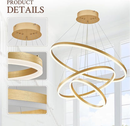 3-Rings Modern LED Chandelier Gold, Dimmable Pendant Lighting with Remote Control Circular Flush Mount High Ceiling Light for Living Room Dining Room Foyer, 3000K-6500K D31.5’’