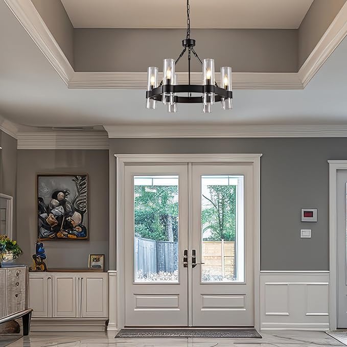 6-Light Large Black Wagon Wheel Chandelier with Glass Shades, 20 Inch Farmhouse Industrial Round Chandelier for High Ceilings, Pendant Lighting Fixture for Dining Living Room Kitchen Island Foyer