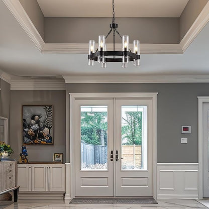 6-Light Large Black Wagon Wheel Chandelier with Glass Shades, 20 Inch Farmhouse Industrial Round Chandelier for High Ceilings, Pendant Lighting Fixture for Dining Living Room Kitchen Island Foyer