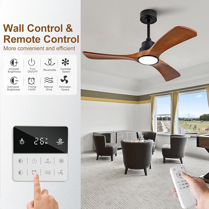 42 inch Flush Mount Ceiling Fans with Lights,Remote Control,Wall Switch,Solid Wood Blades,Dimmable,Reversible,Noiseless,Power Off Memory Low Profile Ceiling Fan for Bedroom Patio Indoor/Outdoor