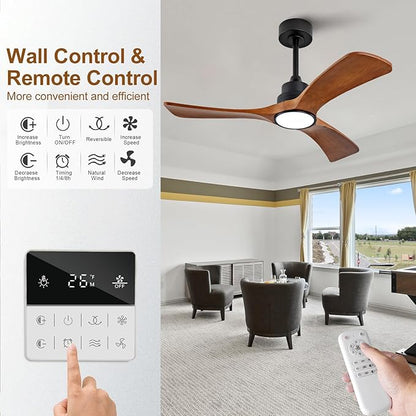 42 inch Flush Mount Ceiling Fans with Lights,Remote Control,Wall Switch,Solid Wood Blades,Dimmable,Reversible,Noiseless,Power Off Memory Low Profile Ceiling Fan for Bedroom Patio Indoor/Outdoor