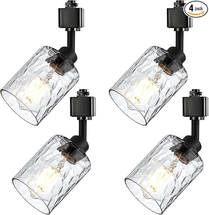 4 Pack H Track Lighting Heads Black Track Lighting Fixtures with Clear Hammered/Water Ripples Glass, H Type Track Lighting Replacement Heads Ceilig Spotlight for Kitchen Accent Retail E26 Base