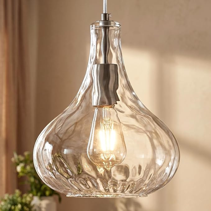 Modern Glass Pendant Light 9.44 in Clear Hammered Glass Shade Brushed Nickel Farmhouse Island Pendant Lights for Kitchen Pendant Lighting Over Sink Bedroom Dining Room