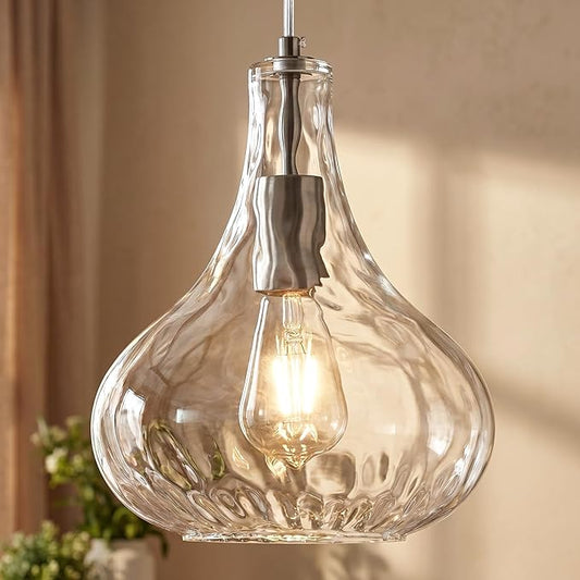 Modern Glass Pendant Light 9.44 in Clear Hammered Glass Shade Brushed Nickel Farmhouse Island Pendant Lights for Kitchen Pendant Lighting Over Sink Bedroom Dining Room