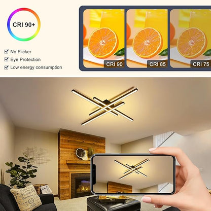 Black Modern LED Ceiling Light Fixtures with Remote 3000K/4500K/6000K Close to Ceiling Lights Creative Design Ceiling Lamp for Bedroom Kitchen Living Room Dining Room (64W, 4 Lights)