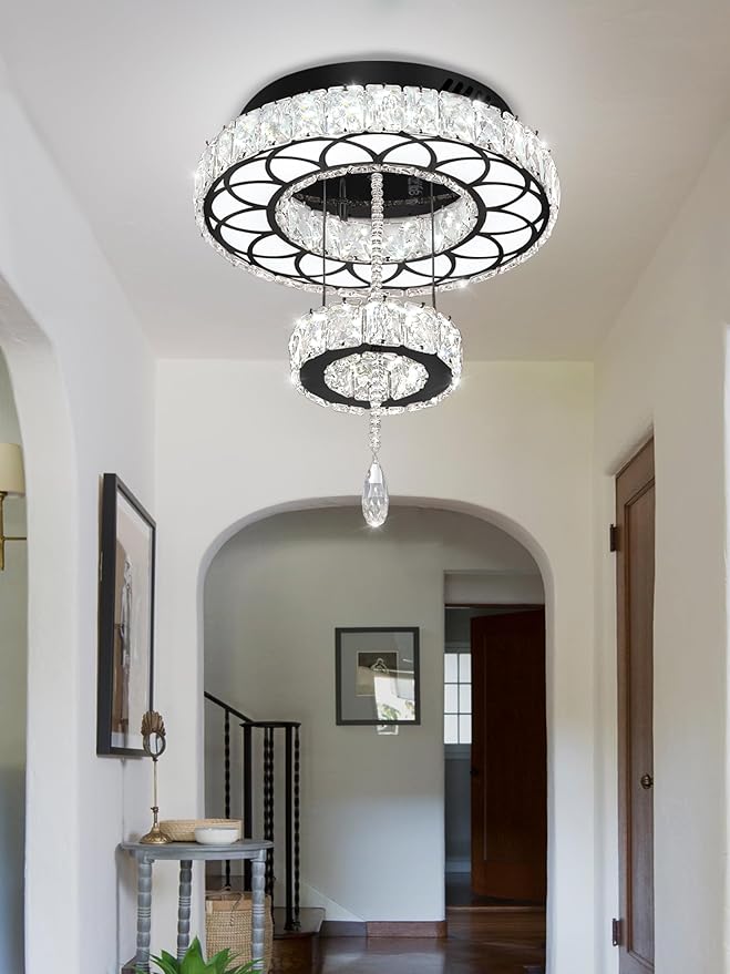 Flashing God Dia 12" Crystal Mini Chandelier Crystal Black Ceiling Light Fixtures LED Flush Mount Ceiling Light for Living Room Bedrooms Dining Room Dimmable 2700k 4500k 6000k